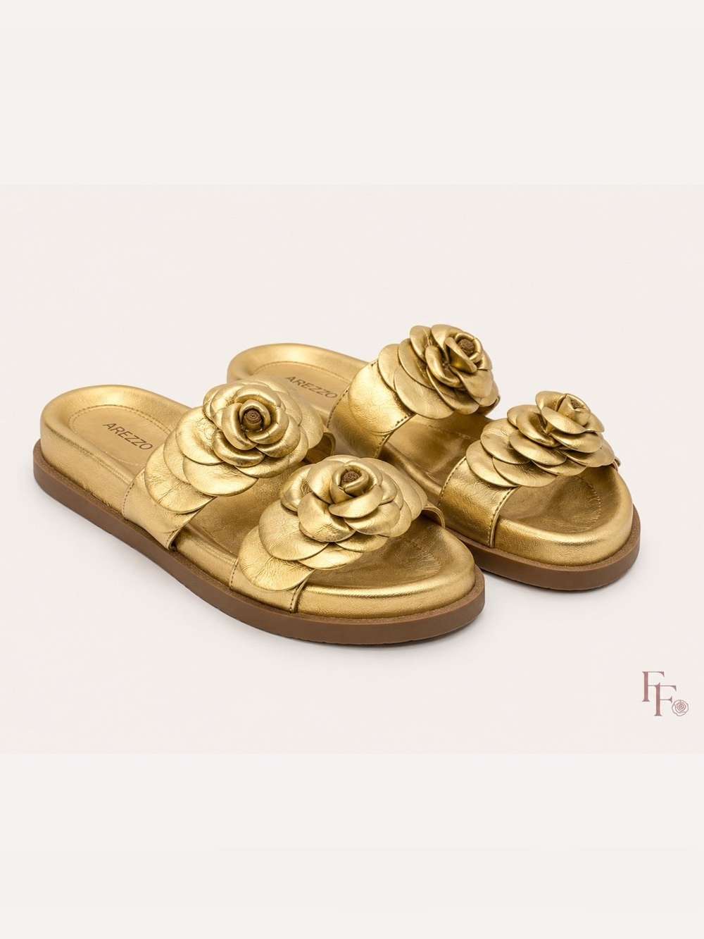 Arezzo‎ Gold Floral Slide Sandals Metallic Rosette Platform Slides Size 6.5